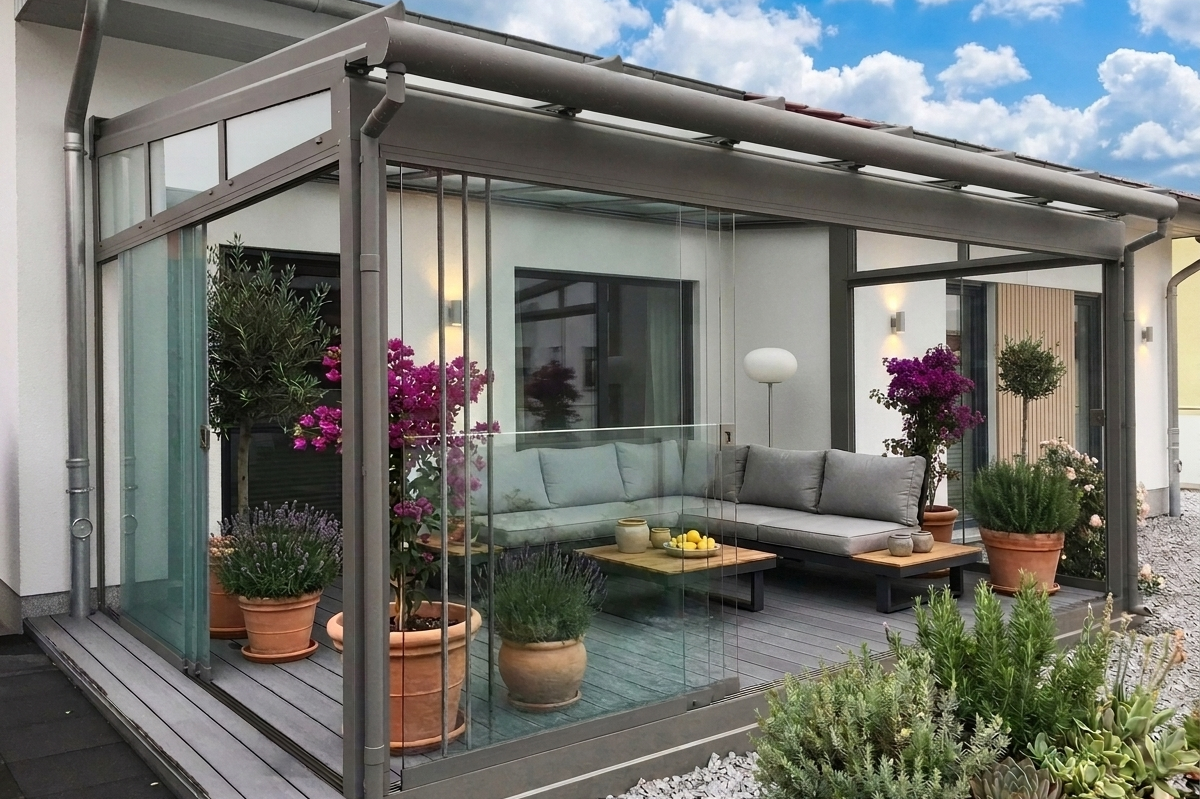 Terrassenüberdachung aus Aluminium und Glas an Einfamilienhaus Terrassenüberdachung aus Aluminium und Glas an Einfamilienhaus