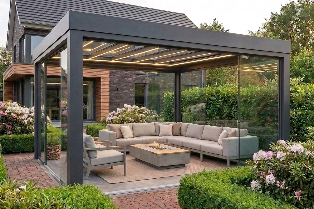 Pergola mit Glasdach und seitlicher Verglasung im Garten Pergola mit Glasdach und seitlicher Verglasung im Garten