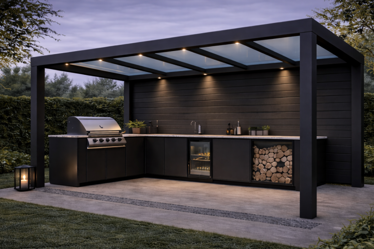 Outdoor Küche mit Grill und Überdachung im Garten Outdoor Küche mit Grill und Überdachung im Garten