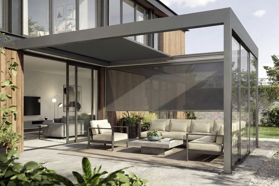Pergola mit Stoffdach an moderner Hausfassade mit Sitzbereich Pergola mit Stoffdach an moderner Hausfassade mit Sitzbereich