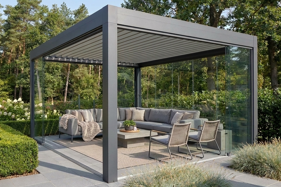 Pergola mit Lamellendach auf moderner Terrasse mit Sitzlounge Pergola mit Lamellendach auf moderner Terrasse mit Sitzlounge